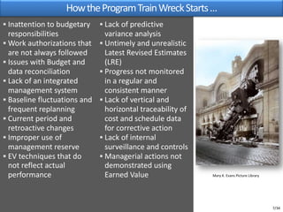 § Lack of predictive
variance analysis
§ Untimely and unrealistic
Latest Revised Estimates
(LRE)
§ Progress not monitored
in a regular and
consistent manner
§ Lack of vertical and
horizontal traceability of
cost and schedule data
for corrective action
§ Lack of internal
surveillance and controls
§ Managerial actions not
demonstrated using
Earned Value
§ Inattention to budgetary
responsibilities
§ Work authorizations that
are not always followed
§ Issues with Budget and
data reconciliation
§ Lack of an integrated
management system
§ Baseline fluctuations and
frequent replanning
§ Current period and
retroactive changes
§ Improper use of
management reserve
§ EV techniques that do
not reflect actual
performance
HowtheProgramTrainWreckStarts…
Mary K. Evans Picture Library
7/34
 