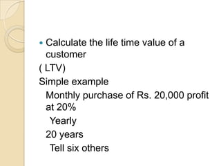 Calculate the life time value of a
customer
( LTV)
Simple example
Monthly purchase of Rs. 20,000 profit
at 20%
Yearly
20 years
Tell six others


 