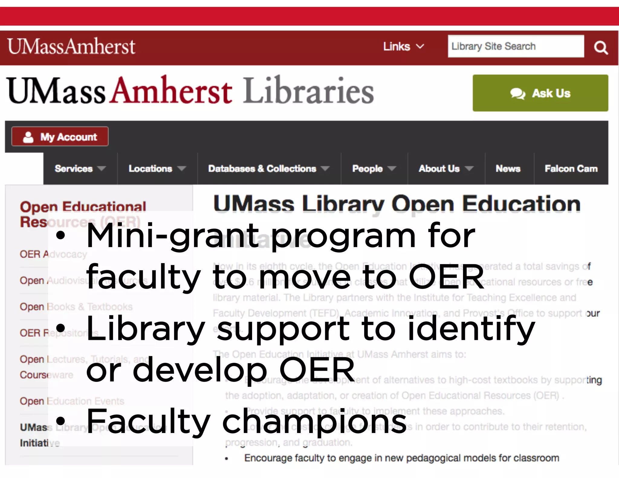 • Mini-grant program for
faculty to move to OER
• Library support to identify
or develop OER
• Faculty champions
 