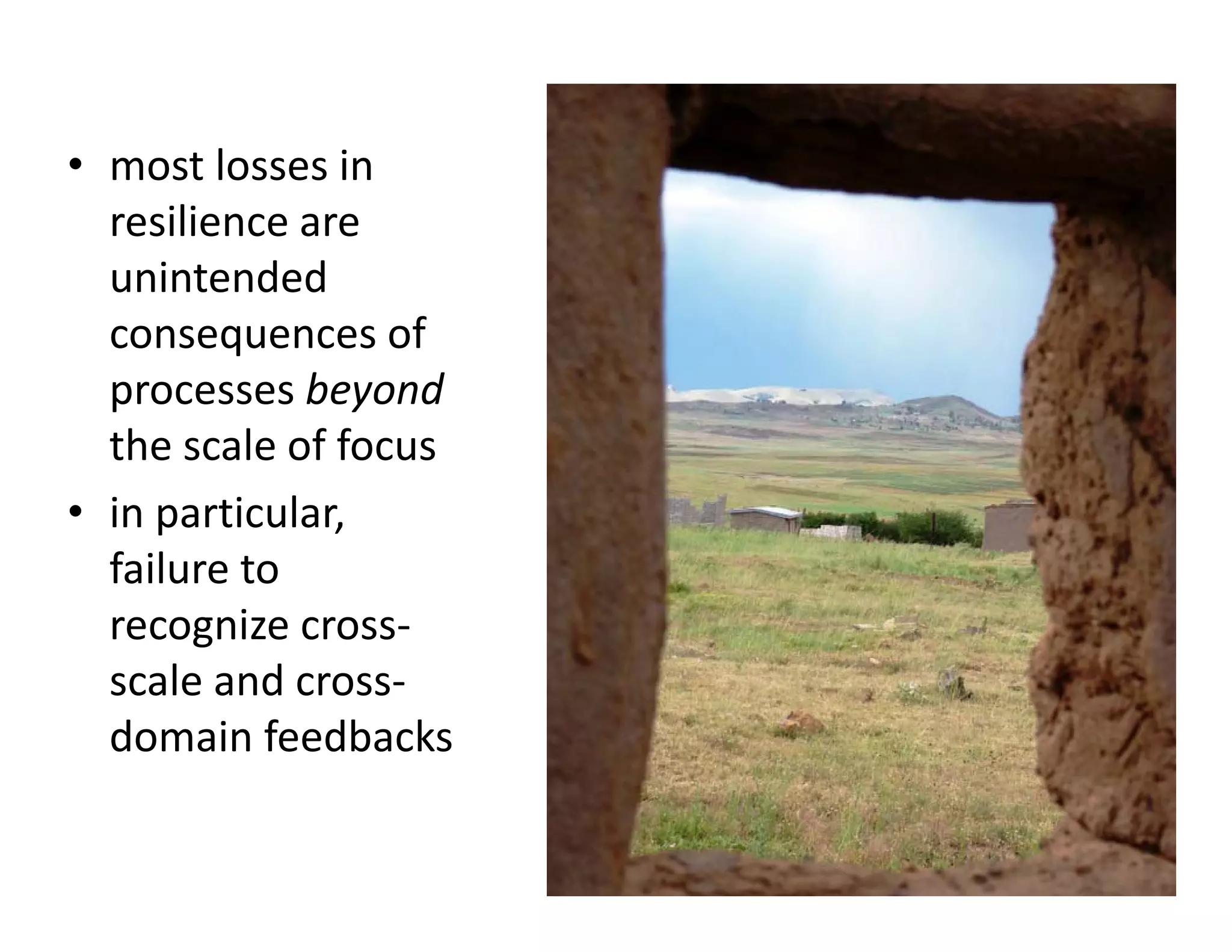 • most losses in 
resilience are 
unintended 
consequences of 
processes beyond
the scale of focus
• in particular, 
failure to 
recognize cross‐
scale and cross‐
domain feedbacks
 