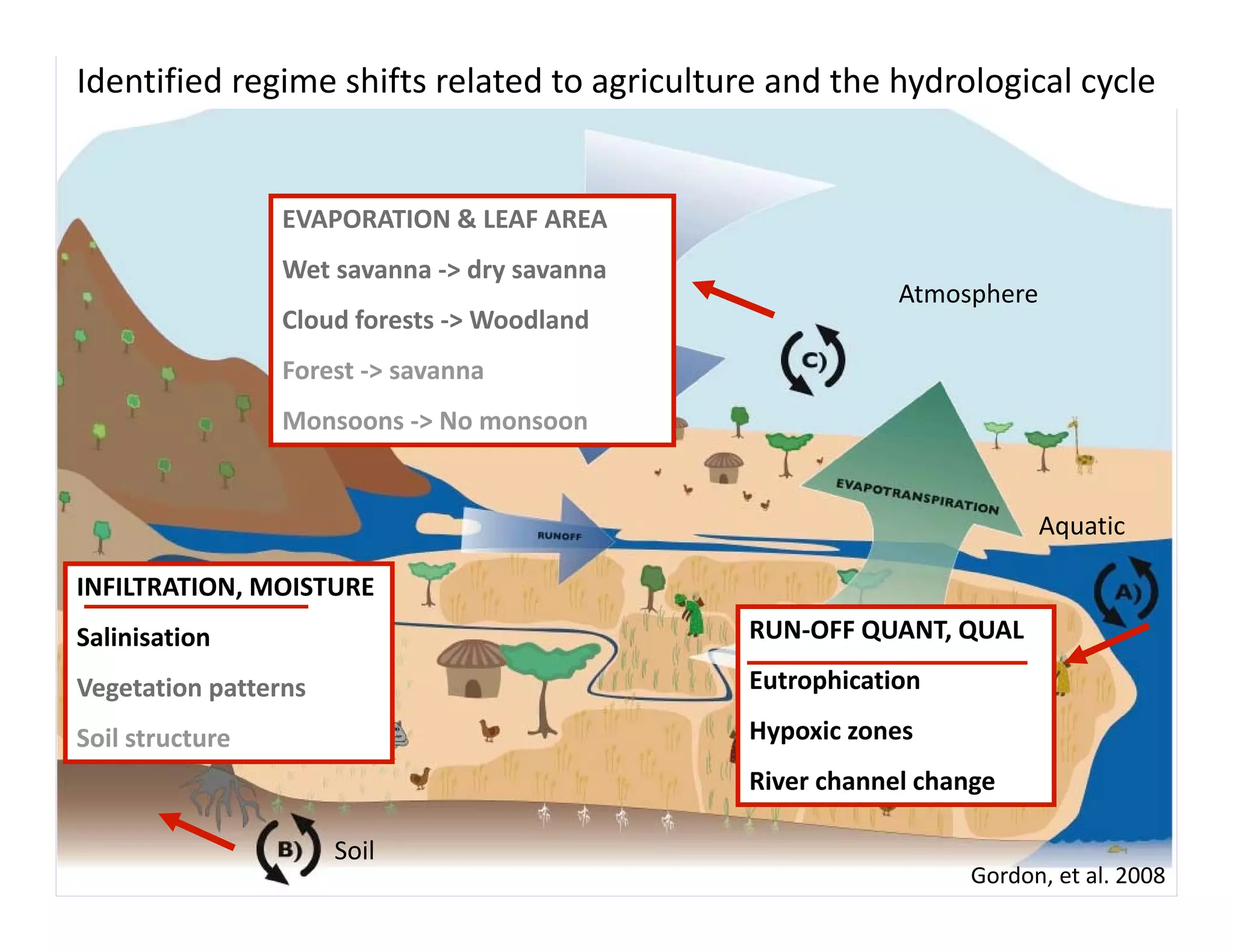 Identified regime shifts related to agriculture and the hydrological cycle
EVAPORATION & LEAF AREA
Wet savanna ‐> dry savanna
Cloud forests ‐> Woodland
Forest ‐> savanna
Monsoons ‐> No monsoon
Gordon, et al. 2008
RUN‐OFF QUANT, QUAL
Eutrophication
Hypoxic zones
River channel change
INFILTRATION, MOISTURE
Salinisation
Vegetation patterns
Soil structure
Atmosphere
Aquatic 
Soil
 