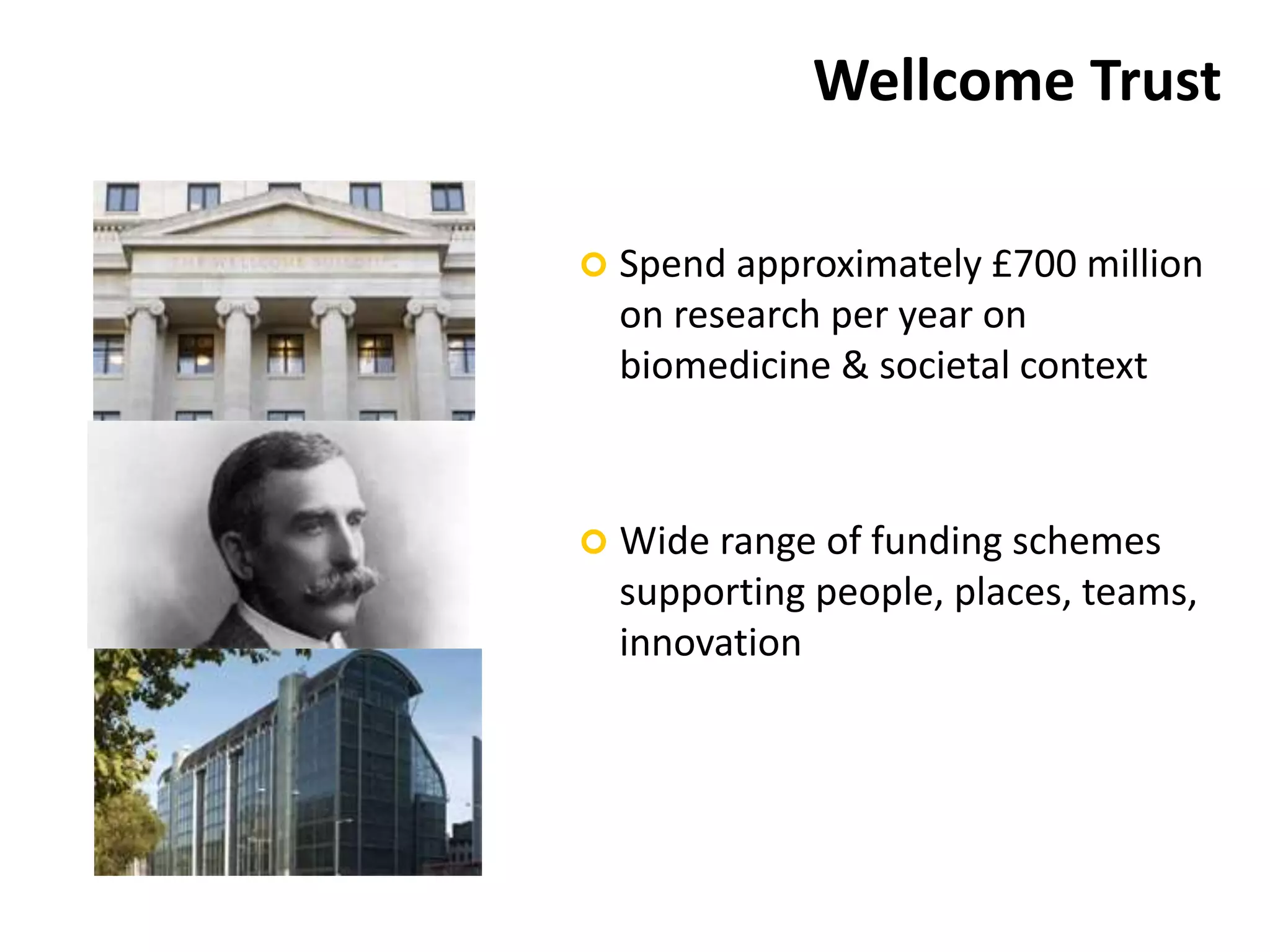 Wellcome Trust
 Spend approximately £700 million
on research per year on
biomedicine & societal context
 Wide range of funding schemes
supporting people, places, teams,
innovation
 