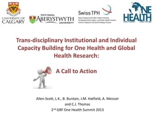 Trans-disciplinary Institutional and Individual
Capacity Building for One Health and Global
Health Research:
A Call to Action

Allen-Scott, L.K., B. Buntain, J.M. Hatfield, A. Meisser
and C.J. Thomas
2nd GRF One Health Summit 2013

 