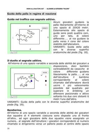 WWW.ALLENATORE.NET   - ALLENARE LA CATEGORIA “PULCINI”

Guida della palla in regime di reazione

Guida nel traffico con segnale uditivo.
                                     Alcuni giocatori guidano la
                                     palla liberamente all’interno di
                             BIANCO  uno spazio di 20X20 metri.
                           M         Esternamente allo spazio di
                                     guida sono posti quattro coni,
                                     uno     per    lato,   di   colore
                                     differente…… al via guidare la
                                     palla verso il cono del colore
                                     stabilito dall’allenatore.
                                     VARIANTI: Guida della palla
                                     con     le    diverse     superfici
  Fig. N°18                          anatomiche del piede (fig. 18).


Il duello al segnale uditivo.
 All’interno di uno spazio variabile a seconda delle abilità dei giocatori a
                                           disposizione,      dieci bambini
                                           contraddistinti da casacche di
                                 VERDE     colore        differente guidano
                               M           liberamente la palla…... al via
                                           dell’istruttore      il    bambino
                                           corrispondente          al   colore
                                           chiamato dall’allenatore dovrà
                                           uscire il più velocemente
                                           possibile dal quadrato per
                                           superare      in    dribbling    un
                                           difensore posizionato e attivo
    Fig. N°19                              soltanto tra due coni distanti 6
                                           metri l’uno dall’altro.
VARIANTI: Guida della palla con le diverse superfici anatomiche del
piede (fig. 19).

Bandierina.
All’interno di uno spazio variabile a seconda delle abilità dei giocatori
due squadre di 4 elementi ciascuna sono disposte una di fronte
all’altra.. ad ogni giocatore delle due squadre viene assegnato un
numero.. al segnale dell’istruttore i giocatori corrispondenti al numero
chiamato si dirigeranno verso un pallone posto al centro dello spazio

58
 
