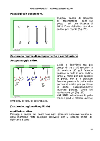 WWW.ALLENATORE.NET   - ALLENARE LA CATEGORIA “PULCINI”

Passaggi con due palloni.
                                                Quattro coppie di giocatori
                                                si    trasmettono      palla sul
                                                posto     ad una distanza di
                                                10mt l’uno dall’altro con due
                                                palloni per coppia (fig. 26).




   Fig. N°26



Calciare in regime di accoppiamento e combinazione
Autopassaggio e tiro.
                                                Gioco a confronto tra più
                                                gruppi di tre o più giocatori a
                                                chi realizza più gol facendo
                                                passare la palla in una portina
                                                larga 2 metri per poi calciare
                                                in porta. Per 5’ i giocatori
                                                faranno passare la palla nella
                                                portina di destra per poi tirare
                                                in    porta.   Successivamente
                                                invertire portina. Vince chi
                                                realizza più gol (fig. 27).
   Fig. N°27
                                                VARIANTI: Allontanare la palla
                                                mani e piedi e calciare mentre
rimbalza, di volo, di controbalzo.

Calciare in regime di equilibrio

equilibrio statico.
Passaggi a coppie sul posto dove ogni giocatore dopo aver colpito la
palla mantiene l’arto calciante sollevato per 5 secondi prima di
riportarlo a terra.



                                                                              63
 