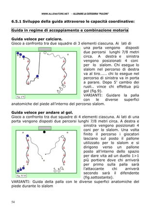 WWW.ALLENATORE.NET   - ALLENARE LA CATEGORIA “PULCINI”

6.5.1 Sviluppo della guida attraverso le capacità coordinative:

Guida in regime di accoppiamento e combinazione motoria

Guida veloce per calciare.
Gioco a confronto tra due squadre di 3 elementi ciascuna. Ai lati di
                                         una porta vengono        disposti
                                         due percorsi lunghi 7/8 metri
                                         circa. A destra e sinistra
                                         vengono posizionati 4 coni
                                         per lo slalom. Chi esegue lo
                                         slalom nel percorso di destra
                                         va al tiro…... chi lo esegue nel
                                         percorso di sinistra va in porta
                                         a parare. Dopo 5’ cambio dei
                                         ruoli.. vince chi effettua più
                                         gol (fig.9).
   Fig. n°9                              VARIANTI: Guidare la palla
                                         con     le   diverse    superfici
anatomiche del piede all’interno del percorso slalom.

Guida veloce per andare al gol.
Gioco a confronto tra due squadre di 4 elementi ciascuna. Ai lati di una
porta vengono disposti due percorsi lunghi 7/8 metri circa. A destra e
                                        sinistra vengono posizionati 4
                                        coni per lo slalom. Una volta
                                        finito il percorso i giocatori
                                        lasciano sul posto il pallone
                                        utilizzato per lo slalom e si
                                        dirigono verso un pallone
                                        posto all’interno dello spazio
                                        per dare vita ad un duello 1>1
                                        più portiere dove chi arriverà
                                        per primo sulla palla sarà
                                        l’attaccante     chi    arriverà
                                        secondo sarà il difendente
   Fig. N°10
                                        (fig.sottostante).
VARIANTI: Guida della palla con le diverse superfici anatomiche del
piede durante lo slalom



54
 