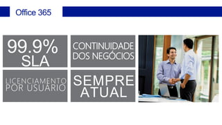 99.9% 
SLA 
LICENCIAMENTO 
POR USUÁRIO 
SEMPRE 
ATUAL 
Office 365 
CONTINUIDADE 
DOS NEGÓCIOS 
 