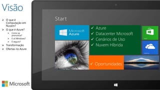 Visão 
 Azure 
 Datacenter Microsoft 
 Cenários de Uso 
 Nuvem Híbrida 
 Oportunidades 
 