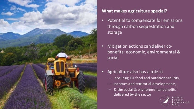 What makes agriculture special?
• Potential to compensate for emissions
through carbon sequestration and
storage
• Mitigat...