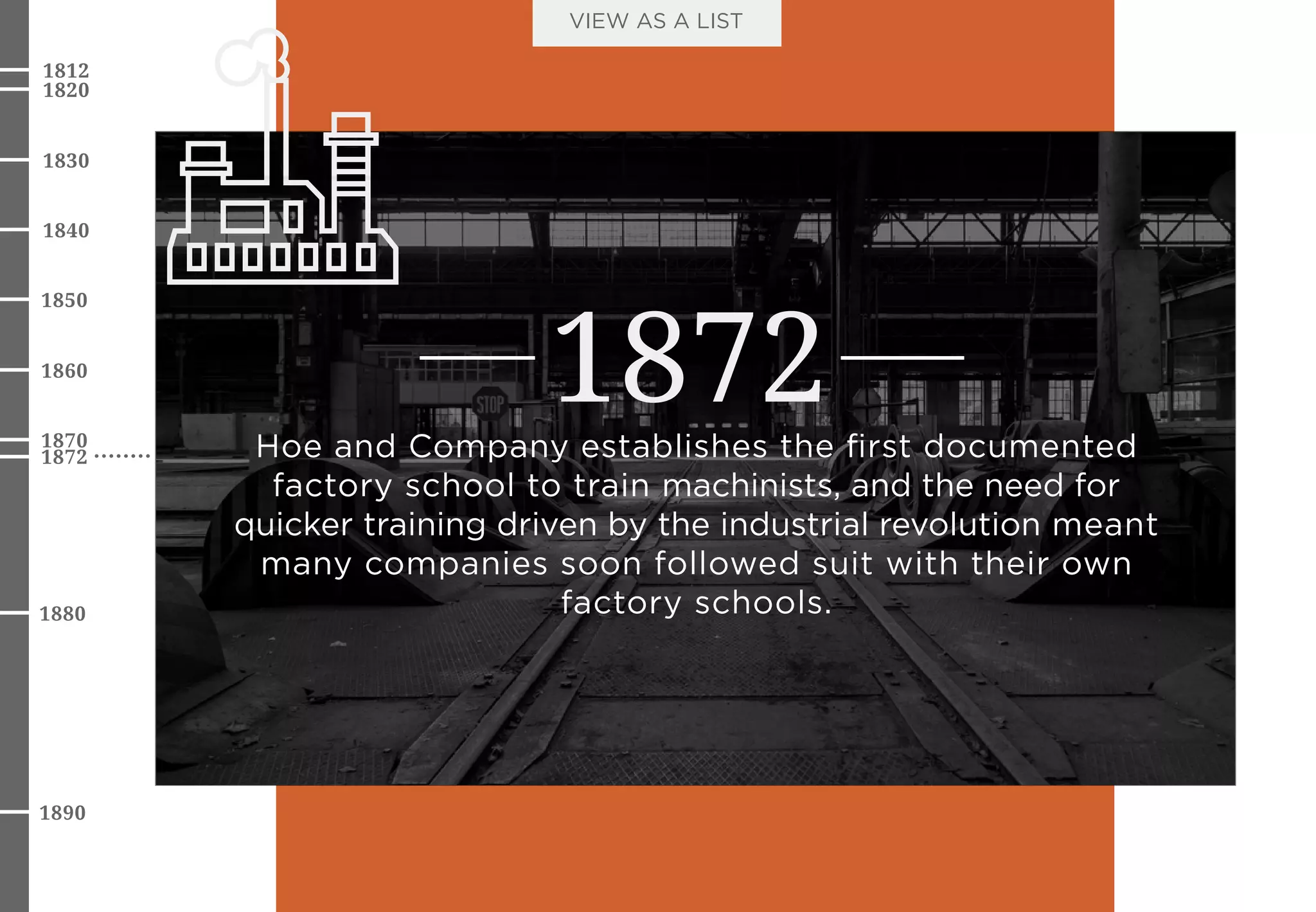 1872 Hoe and Company establishes the ﬁrst documented
factory school to train machinists, and the need for
quicker training driven by the industrial revolution meant
many companies soon followed suit with their own
factory schools.
1872
1850
1860
1870
1830
1840
1820
1812
1880
1890
VIEW AS A LIST
 