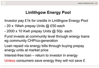 Linlithgow Energy Pool
Investor pay £1k for credits in Linlithgow Energy Pool
- 20 x 1Mwh prepay Units @ £50 each
- 2000 x 10 Kwh prepay Units @ 50p each
Fund invests at community level through energy loans
eg community CHP/co-generation
Loan repaid via energy bills through buying prepay
energy units at market price
Interest-free loan – return to investor in energy
Unless consumers save energy they will not save £
 