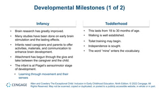 Allen and Cowdery The Exceptional Child: Inclusion in Early Childhood Education, Ninth Edition. © 2022 Cengage. All
Rights Reserved. May not be scanned, copied or duplicated, or posted to a publicly accessible website, in whole or in part.
Developmental Milestones (1 of 2)
Infancy
• Brain research has greatly improved.
• Many studies have been done on early brain
stimulation and the lasting effects.
• Infants need caregivers and parents to offer
activities, materials, and communication to
enhance brain development.
• Attachment has begun through the give and
take between the caregiver and the child.
• The infant is at Piaget’s sensorimotor stage
of development.
• Learning through movement and their
senses
Toddlerhood
• This lasts from 18 to 30 months of age.
• Walking is well established.
• Toilet training may begin.
• Independence is sought.
• The word “mine” enters the vocabulary.
 