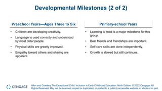 Allen and Cowdery The Exceptional Child: Inclusion in Early Childhood Education, Ninth Edition. © 2022 Cengage. All
Rights Reserved. May not be scanned, copied or duplicated, or posted to a publicly accessible website, in whole or in part.
Developmental Milestones (2 of 2)
Preschool Years—Ages Three to Six
• Children are developing creativity.
• Language is used correctly and understood
by most older people.
• Physical skills are greatly improved.
• Empathy toward others and sharing are
apparent.
Primary-school Years
• Learning to read is a major milestone for this
group.
• Best friends and friendships are important.
• Self-care skills are done independently.
• Growth is slowed but still continues.
 