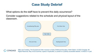 Allen and Cowdery, The Exceptional Child: Inclusion in Early Childhood Education, Ninth Edition. © 2022 Cengage. All
Rights Reserved. May not be scanned, copied or duplicated, or posted to a publicly accessible website, in whole or in part.
Case Study Debrief
What options do the staff have to prevent this daily occurrence?
Consider suggestions related to the schedule and physical layout of the
classroom.
 