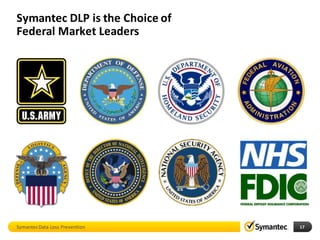 Symantec DLP is the Choice of
Federal Market Leaders




Symantec Data Loss Prevention   17   17
 