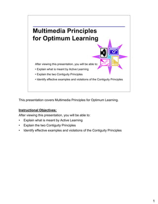 Multimedia Principles
          for Optimum Learning


            After viewing this presentation, you will be able to:
            • Explain what is meant by Active Learning
            • Explain the two Contiguity Principles
            • Identify effective examples and violations of the Contiguity Principles




This presentation covers Multimedia Principles for Optimum Learning.


Instructional Objectives:
After viewing this presentation, you will be able to:
•   Explain what is meant by Active Learning
•   Explain the two Contiguity Principles
•   Identify effective examples and violations of the Contiguity Principles




                                                                                        1
 