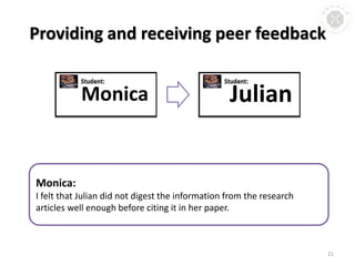 Providing and receiving peer feedbackMonica: I felt that Julian did not digest the information from the research articles well enough before citing it in her paper. 21