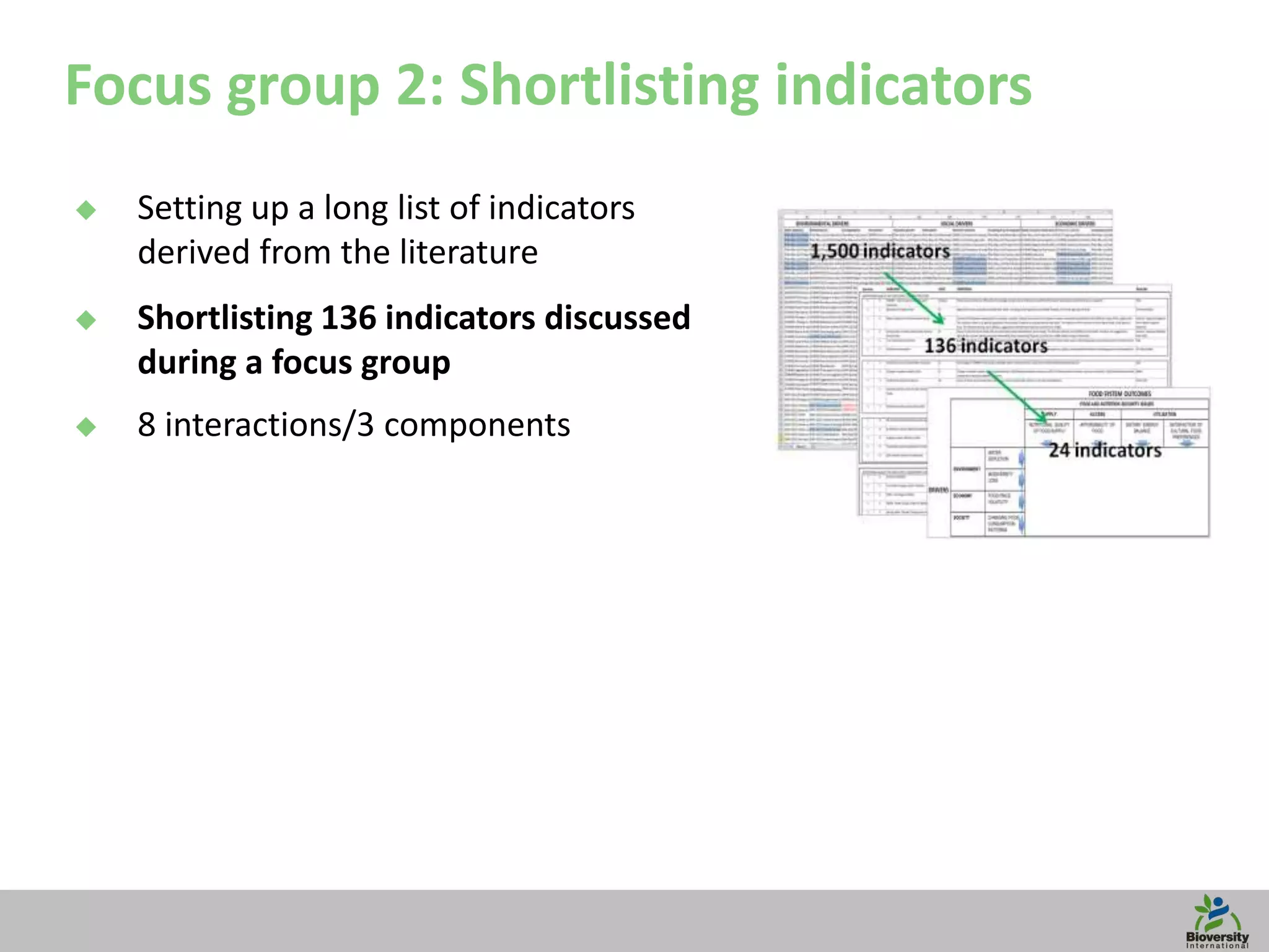 11
Focus group 2: Shortlisting indicators
 Setting up a long list of indicators
derived from the literature
 Shortlisting 136 indicators discussed
during a focus group
 8 interactions/3 components
 