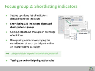 14
Focus group 2: Shortlisting indicators
Using a Delphi expert consultation protocol
 Setting up a long list of indicato...
