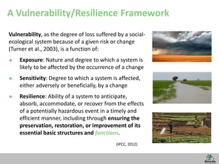 8
A Vulnerability/Resilience Framework
Vulnerability, as the degree of loss suffered by a social-
ecological system becaus...