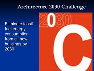 Architecture 2030 Challenge Eliminate fossil-fuel energy consumption from all new buildings by 2030 