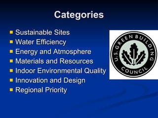 Categories Sustainable Sites Water Efficiency Energy and Atmosphere Materials and Resources Indoor Environmental Quality Innovation and Design Regional Priority 