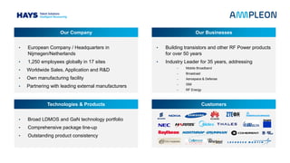 Ampleon at a Glance
• European Company / Headquarters in
Nijmegen/Netherlands
• 1,250 employees globally in 17 sites
• Worldwide Sales, Application and R&D
• Own manufacturing facility
• Partnering with leading external manufacturers
Our Company
• Building transistors and other RF Power products
for over 50 years
• Industry Leader for 35 years, addressing
– Mobile Broadband
– Broadcast
– Aerospace & Defense
– ISM
– RF Energy
Our Businesses
• Broad LDMOS and GaN technology portfolio
• Comprehensive package line-up
• Outstanding product consistency
Technologies & Products Customers
 