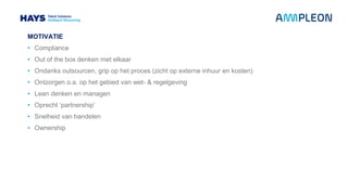 MOTIVATIE
• Compliance
• Out of the box denken met elkaar
• Ondanks outsourcen, grip op het proces (zicht op externe inhuur en kosten)
• Ontzorgen o.a. op het gebied van wet- & regelgeving
• Lean denken en managen
• Oprecht ‘partnership’
• Snelheid van handelen
• Ownership
 