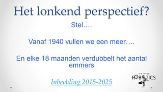 Het lonkend perspectief?
Stel….
Vanaf 1940 vullen we een meer….
En elke 18 maanden verdubbelt het aantal
emmers
Inbeelding 2015-2025
 