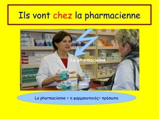 Ils vont chez lα pharmacienne
La pharmacienne = η φαρμακοποιός= πρόσωπο
La pharmacienne
 