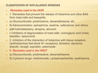 CLASSIFICATION OF ANTI-ALLERGIC REMEDIES
 Remedies used in the IAHR
 1. Remedies that prevent the release of histamine a...
