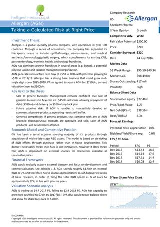 DISCLAIMER
Copyright 2016 Intelligent Investors.co.uk. All rights reserved. This document is provided for information purposes only and should
not be construed as an offer or solicitation for investment.
Intelligent Investors.co.uk
Allergan (AGN)
Taking a Calculated Risk at Right Price
Investment Thesis:
Allergan is a global specialty pharma company, with operations in over 100
countries. Through a series of acquisitions, the company has expanded its
therapeutic areas to include ophthalmology, neurosciences, and medical
aesthetics/dermatology/plastic surgery, which complements its existing CNS,
gastroenterology, women's health, and urology franchises.
AGN has dominant growth franchises in several areas (e.g. Botox), a potential
pipeline upside and capable management organization.
AGN generates annual free cash flow of >$5B in 2016 with potential growing to
>$7B in 2017/18. Allergan has a strong base business that could grow mid-
single digits over 2015-2020. Pfizer agreed to aquire AGN for $150bln, current
valuation closer to $100bln.
Key risks to the thesis
- Sale of generic business: Management remains confident that sale of
generics business to Teva for est. $35bln will close allowing repayment of
debt ($38bln) and delivery on $10bln buy-back plan
- Future pipeline risks: If AGN is unable to successfully develop or
commercialize new products, operating results will suffer.
- Generics competition: If generic products that compete with any of AGN
branded pharmaceutical products are approved and sold, sales of AGN
products -will be adversely affected
Economic Model and Competitive Position
GN has been a serial acquirer sourcing majority of it’s products through
acquisition of mid-to-late stage R&D assets. The model is based on de-risking
of R&D efforts through purchase rather than in-house development. This
doesn’t necessarily mean that AGN is not innovative, however it does mean
that AGN is dependant on external sources for discoveries available at
reasonable prices.
Financial Framework
AGN would typically acquire external discover and focus on development and
commercialisation, see exhibits 1-3. AGN spends roughly $1.4bln on internal
R&D or 7% and therefore has to source approximately 1/3 of discoveries in lieu
of basic research, in order to bring the total R&D spend as % of sales to
approximately 17%, in line with pharma peers.
Valuation Scenario analysis
AGN is trading at 14.4 2017 PE, falling to 12.4 2018 PE. AGN has capacity to
grow free cashflow to $7bln by 2017/18. TEVA deal would repair balance sheet
and allow for share buy-back of $10bln.
Company Research
US
Specialty Pharma
3 Year Opinion Growth
Competitive Adv. Wide
Fair Value Potential $300.00
Price $249
Consider Buying at $220
Date 24 July 2016
Market Data
52 Week Range 195.50-340.34
Market Cap. $98.49bln
Shares Outstanding 417 mln
Volatility High
Balance Sheet Data
Shareholder equity $77.4bln
Price/Book Value 1.27
Net Debt/(Cash) $38.5bln
Debt/EBITDA 5.3x
Forecast Earnings
Potential price appreciation 20%
Dividend Yield/Share rep. 0.0%
EPS / PE Cons.
Period EPS PE
Dec 2015 $13.43 18.5
Dec 2016 $14.14 17.6
Dec 2017 $17.31 14.4
Dec 2018 $20.03 12.4
5 Year Share Price Chart
 