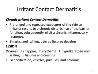 Irritant Contact Dermatitis
Chronic Irritant Contact Dermatitis
• Prolonged and repeated exposures of the skin to
irritants results to a chronic disturbance of the barrier
function, subsequently, elicit a chronic inflammatory
response.
• Stinging and itching, pain as fissures develop
LESION
Dryness  chapping  erythema  hyperkeratosis and
scaling  fissures and crusting
• Lichenification, vesicles, pustules, and erosions
25

 
