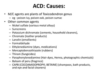 ACD: Causes:
• M/C agents are plants of Toxicodendron genus
– eg : poison ivy, poison oak, poison sumac

• Other common agents
–
–
–
–
–
–
–
–
–
–
–
–

Nickel sulfate (various metal alloys)
Sunscreens
Potassium dichromate (cements, household cleaners),
Chromate (leather products)
Lanolin (emollients)
Formaldehyde
Ethylenediamine (dyes, medications)
Mercaptobenzothiazole (rubbers)
Thiram (fungicides)
Paraphenylenediamine (Hair dyes, Henna, photographic chemicals)
Balsam of peru (fragrnce)
CAPB (COCOAMIDOPROPYL BETAINE) (shampoos, bath products,
and eye and facial cleaners)

 