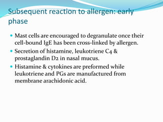Subsequent reaction to allergen: early 
phase 
 Mast cells are encouraged to degranulate once their 
cell-bound IgE has been cross-linked by allergen. 
 Secretion of histamine, leukotriene C4 & 
prostaglandin D2 in nasal mucus. 
 Histamine & cytokines are preformed while 
leukotriene and PGs are manufactured from 
membrane arachidonic acid. 
 