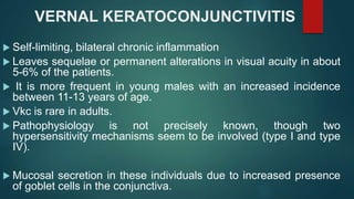 VERNAL KERATOCONJUNCTIVITIS
 Self-limiting, bilateral chronic inflammation
 Leaves sequelae or permanent alterations in visual acuity in about
5-6% of the patients.
 It is more frequent in young males with an increased incidence
between 11-13 years of age.
 Vkc is rare in adults.
 Pathophysiology is not precisely known, though two
hypersensitivity mechanisms seem to be involved (type I and type
IV).
 Mucosal secretion in these individuals due to increased presence
of goblet cells in the conjunctiva.
 