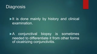 Diagnosis
It is done mainly by history and clinical
examination.
A conjunctival biopsy is sometimes
needed to differentiate it from other forms
of cicatrizing conjunctivitis.
 