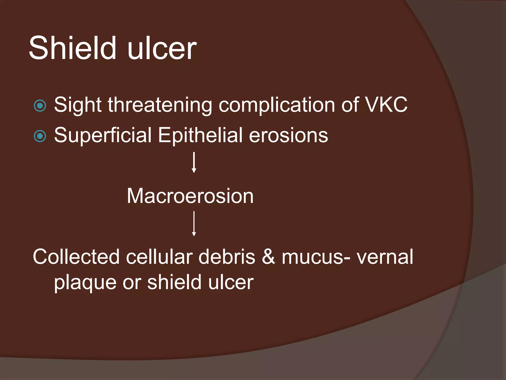 Shield ulcer
 Sight threatening complication of VKC
 Superficial Epithelial erosions
Macroerosion
Collected cellular debris & mucus- vernal
plaque or shield ulcer
 