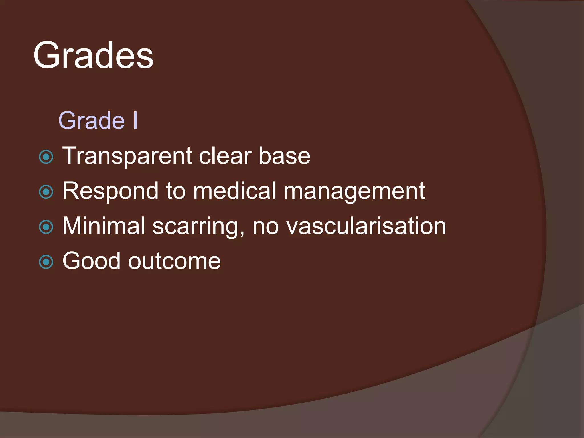 Grades
Grade I
 Transparent clear base
 Respond to medical management
 Minimal scarring, no vascularisation
 Good outcome
 