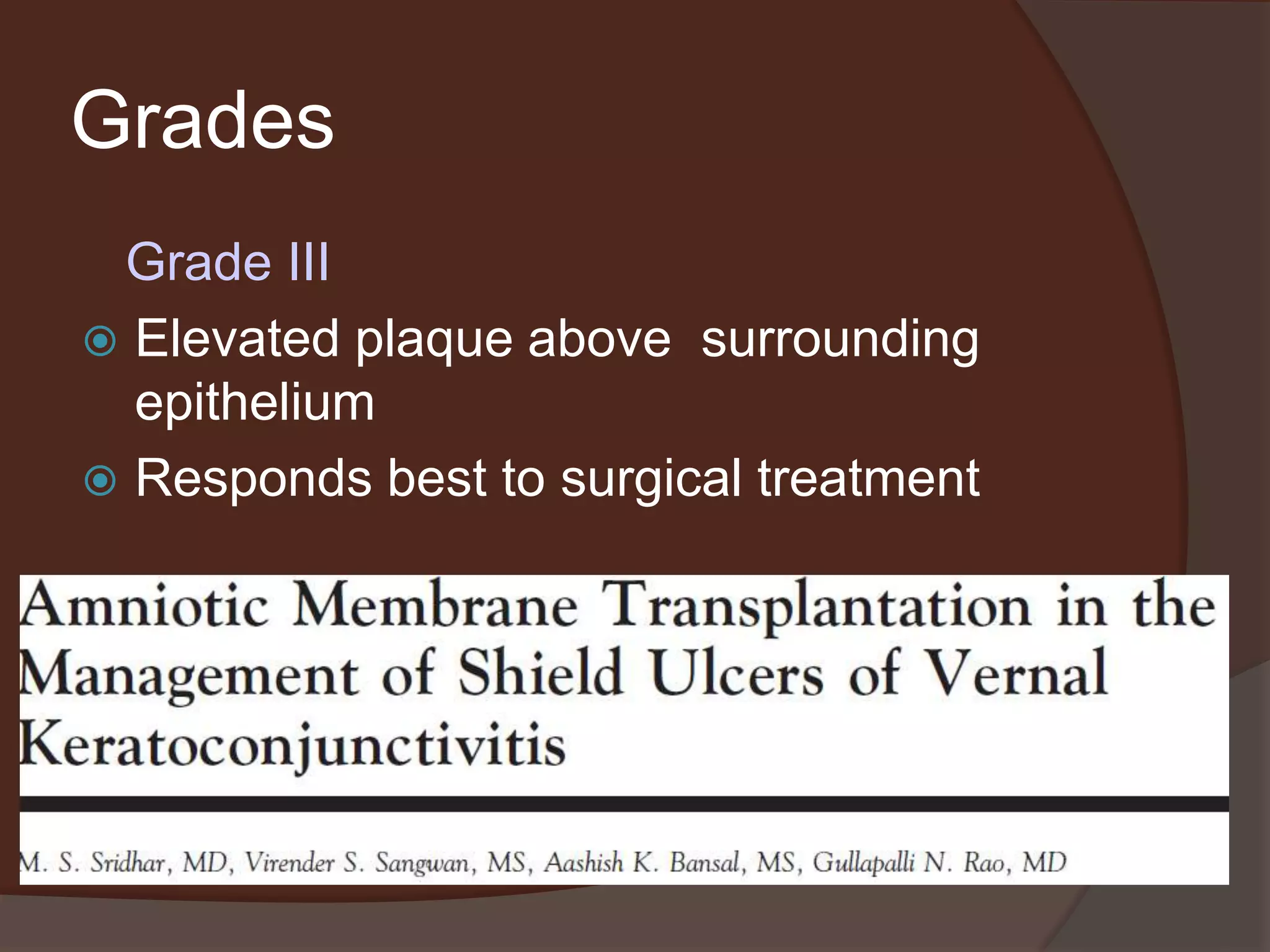 Grades
Grade III
 Elevated plaque above surrounding
epithelium
 Responds best to surgical treatment
 