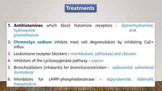 1. Antihistamines which block histamine receptors - diphenhydramine,
hydroxyzine and
promethazine
2. Chromolyn sodium inhibits mast cell degranulation by inhibiting Ca2+
influx.
3. Leukotriene receptor blockers - montelukast, zafirlukast and zileuton
4. inhibitors of the cyclooxygenase pathway - aspirin
5. Bronchodilators (inhalants) for bronchoconstriction - salbutamol, salmeterol,
formoterol
6. Inhinbitors for cAMP-phosphodiesterase – dipyridamole, sildenafil,
theophylline
Treatments
 