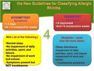 Symptoms                    Symptoms
•< 4 days                   •>4 daysweek
•Or < 4 consecutive weeks   •And >4 consecutive weeks
 