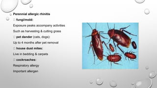 Perennial allergic rhinitis
fungi/mold:
Exposure peaks accompany activities
Such as harvesting & cutting grass
pet dander (cats, dogs):
Up to 4 months after pet removal
house dust mites:
Live in bedding & carpets
cockroaches:
Respiratory allergy
Important allergen
 