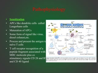 Pathophysiology
• Sensitization
• APCs like dendritic cells called
Langerhans cells
• Maturation of APCs
• Some form of signal like virus,
diesel exhaust,etc.
• Process and present the antigen to
naïve T cells
• T cell receptor recognition of a
peptide fragment associated with
MHC molecule plus co
stimulatory signals CD 28 and B7
and CD 40 ligand
 