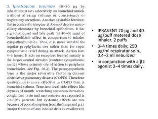• IPRAVENT 20 μg and 40
μg/puff metered dose
inhaler, 2 puffs
• 3–4 times daily; 250
μg/ml respirator soln.,
0.4–2 ml nebulized
• in conjunction with a β2
agonist 2–4 times daily.
 