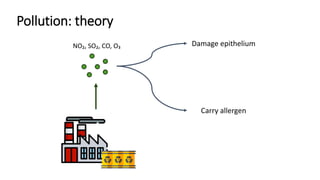 Pollution: theory
NO₂, SO₂, CO, O₃ Damage epithelium
Carry allergen
 