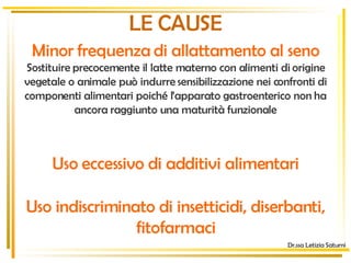 LE CAUSE Uso indiscriminato di insetticidi, diserbanti, fitofarmaci Minor frequenza di allattamento al seno Sostituire precocemente il latte materno con alimenti di origine vegetale o animale può indurre sensibilizzazione nei confronti di componenti alimentari poiché l’apparato gastroenterico non ha ancora raggiunto una maturità funzionale Uso eccessivo di additivi alimentari Dr.ssa Letizia Saturni 