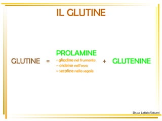 Dr.ssa Letizia Saturni IL GLUTINE GLUTINE GLUTENINE PROLAMINE -  gliadine  nel frumento –  ordeine  nell’orzo  –  secaline  nella segale = + 