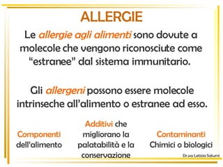 ALLERGIE Le  allergie agli alimenti  sono dovute a molecole che vengono riconosciute come “estranee” dal sistema immunitario.  Dr.ssa Letizia Saturni Gli  allergeni  possono essere molecole intrinseche all’alimento o estranee ad esso. Componenti  dell’alimento Contaminanti Chimici o biologici Additivi  che migliorano la palatabilità e la conservazione 