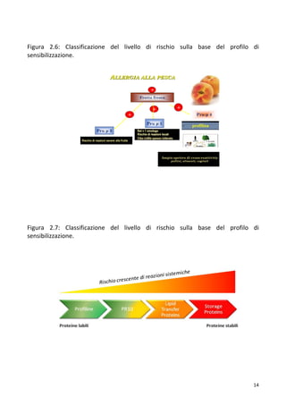   14	
  
ALLERGIA ALLA PESCA
+
Frutta fresca
Pru p 3
Rischio di reazioni severe alla frutta
Bet v 1 omologo
Rischio di reazioni locali
Cibo cotto spesso tollerato
Pru p 4
Ampio spettro di cross-reattività:
pollini, alimenti, vegetali
+ +
Pru p 1
+
profilina
	
  
Figura	
   2.6:	
   Classificazione	
   del	
   livello	
   di	
   rischio	
   sulla	
   base	
   del	
   profilo	
   di	
  
sensibilizzazione.	
  
	
  
	
  
	
  
	
  
	
  
	
  
	
  
	
  
	
  
	
  
	
  
	
  
	
  
	
  
	
  
	
  
	
  
	
  
	
  
	
  
Figura	
   2.7:	
   Classificazione	
   del	
   livello	
   di	
   rischio	
   sulla	
   base	
   del	
   profilo	
   di	
  
sensibilizzazione.	
  
	
  
	
  
	
  
	
  
	
  
	
  
	
  
	
  
	
  
	
  
	
  
	
  
	
  
	
  
	
  
	
  
 